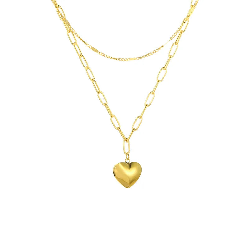 Stainless Steel Simple Style Shiny Polishing Plating Heart Shape Double Layer Necklaces