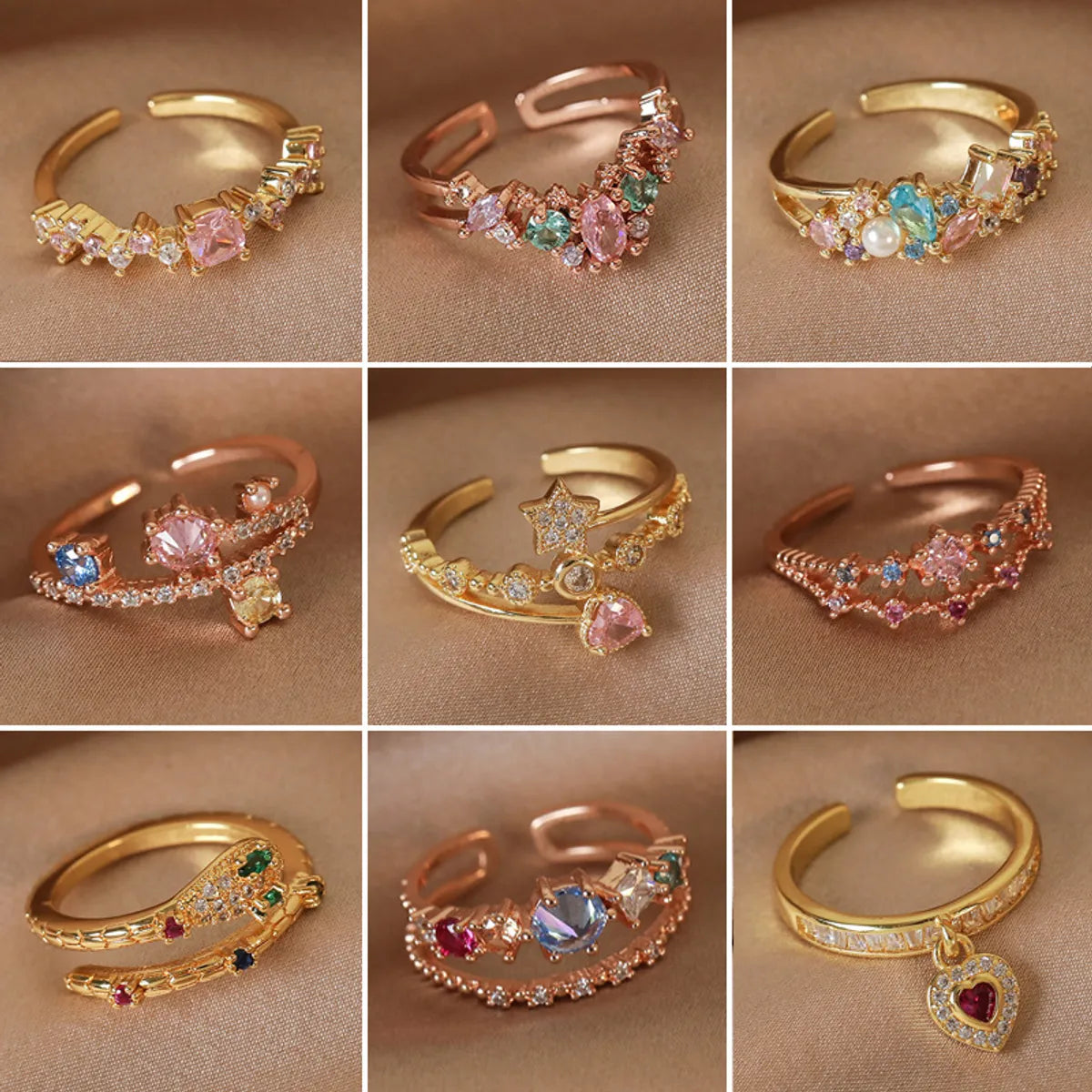 Wholesale Simple Style Shiny Star Water Droplets Heart Shape Copper Inlay White Gold Plated Gold Plated Zircon Open Rings