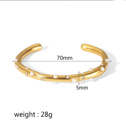 Wholesale Simple Style Solid Color Stainless Steel Polishing Plating Inlay 18k Gold Plated Pearl Zircon Bangle