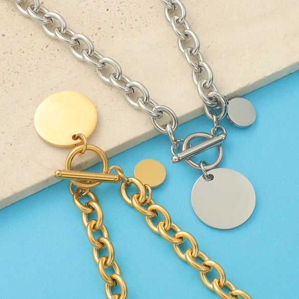 Wholesale Jewelry Simple Style Customization Laser Engraving Solid Color Titanium Steel 18K Gold Plated Plating Pendant Necklace