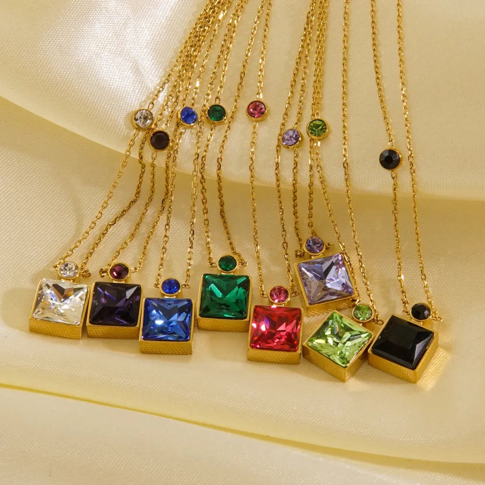 304 Stainless Steel 14K Gold Plated Simple Style Inlay Square Zircon Pendant Necklace