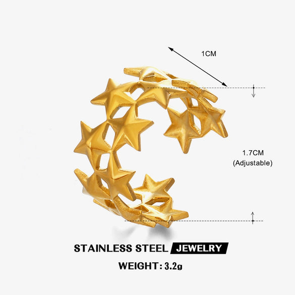 Wholesale Simple Style Stainless Steel Opening Ring With Five Pointed Star And Double Stars Design Electroplated