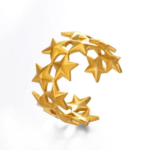 Wholesale Simple Style Stainless Steel Opening Ring With Five Pointed Star And Double Stars Design Electroplated