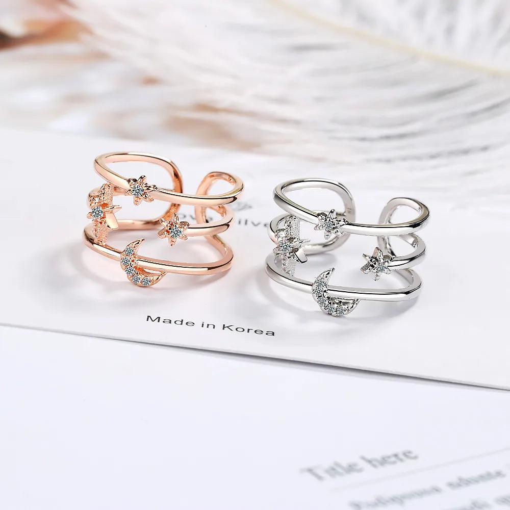 Wholesale Simple Style Star Moon Copper Inlay White Gold Plated Zircon Open Rings