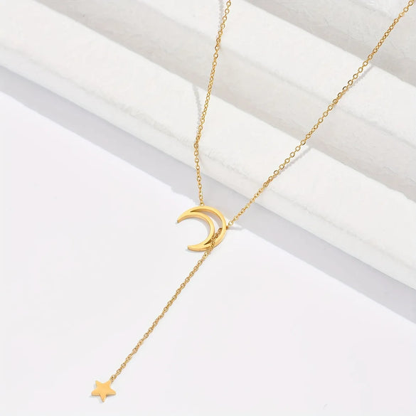 Wholesale Simple Style Star Moon Stainless Steel 14k Gold Plated Necklace