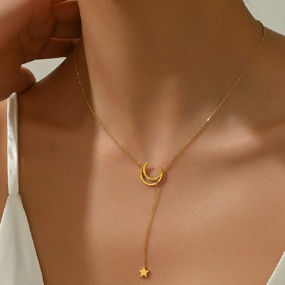 Wholesale Simple Style Star Moon Stainless Steel 14k Gold Plated Necklace