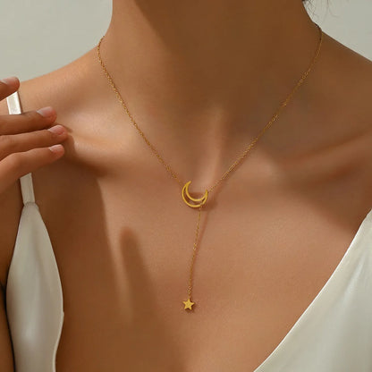 Wholesale Simple Style Star Moon Stainless Steel 14k Gold Plated Necklace