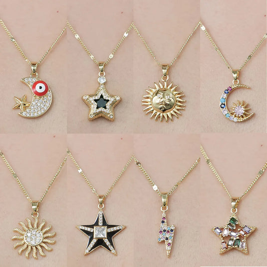 Wholesale Simple Style Sun Star Moon Stainless Steel Titanium Steel Polishing Plating Inlay Zircon Pendant Necklace