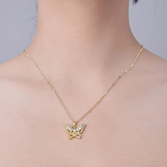 Wholesale Simple Style Tree Heart Shape Butterfly Stainless Steel Titanium Steel Polishing Plating Inlay Zircon Pendant Necklace