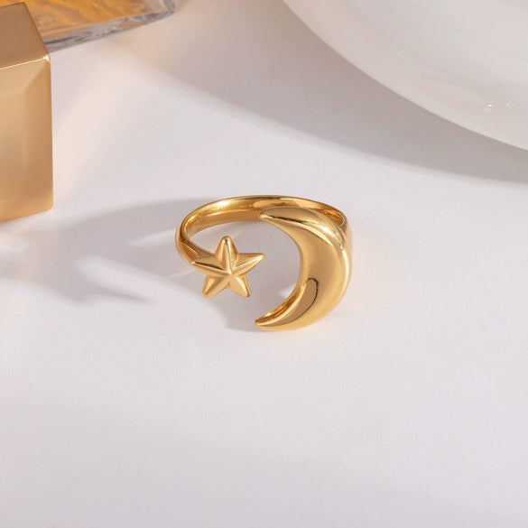 Wholesale Simple Temperament Moon Star Opening Ring In Stainless Steel With Geometric Design And Pvd Furnace Vacuum Real Gold Plating For Women