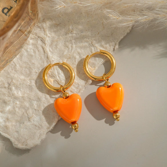 Wholesale Simple Trendy Heart Shape Orange Love Earrings Stainless Steel Electroplated Women's Jewelry Accessories