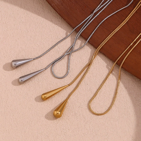 Wholesale Simple Two End Water Drop Snake Chain Necklace In Stainless Steel With Geometric Pattern And 18K Gold Electroplated Finish For Women