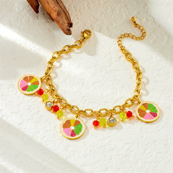 Wholesale Small Fresh Cartoon Fruit Pendant Stainless Steel Bracelet With Color Oil And Electroplating