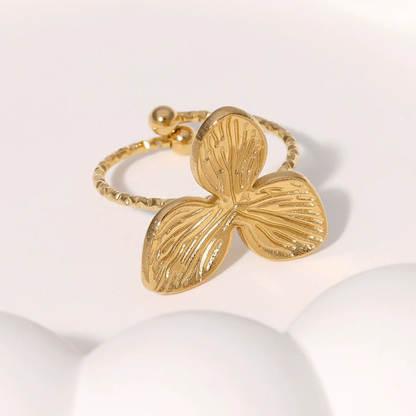 Wholesale Small Fresh Leaf Stainless Steel Open Ring Electroplated