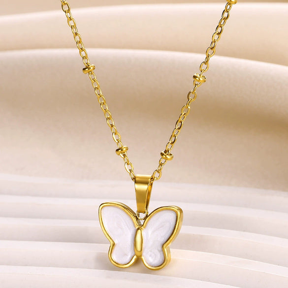 Wholesale Small Fresh White Sea Shell Star Moon Stainless Steel 18K Gold Plated Butterfly Pendant Necklace Unisex