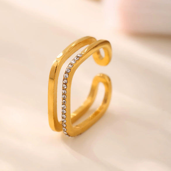 Wholesale Small Square Hollow Ring With Zircon Stainless Steel Geometric Pattern Electroplating For Women Fashion Ol Style Niche Design Sense