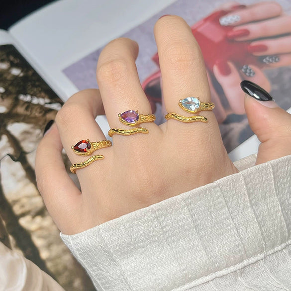 Wholesale Snake Finger Ring S925 Sterling Silver 18K Gold Natural Color Energy Crystal Jewelry Geometric Style Set With Gems