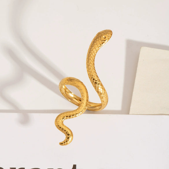 Wholesale Snake Shaped Opening Stainless Steel Personality Ring With Pvd Furnace Vacuum Real Gold Plating And Geometric Pattern