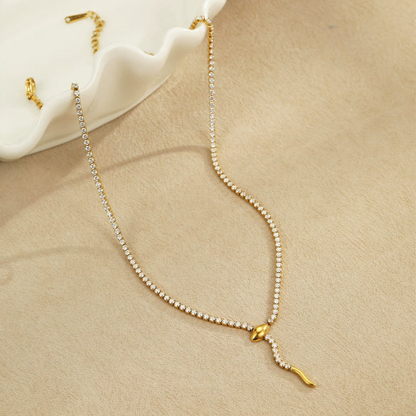 Wholesale Snake Zodiac Animal Style Stainless Steel 18K Electroplated Diamond Earrings And Necklace Set