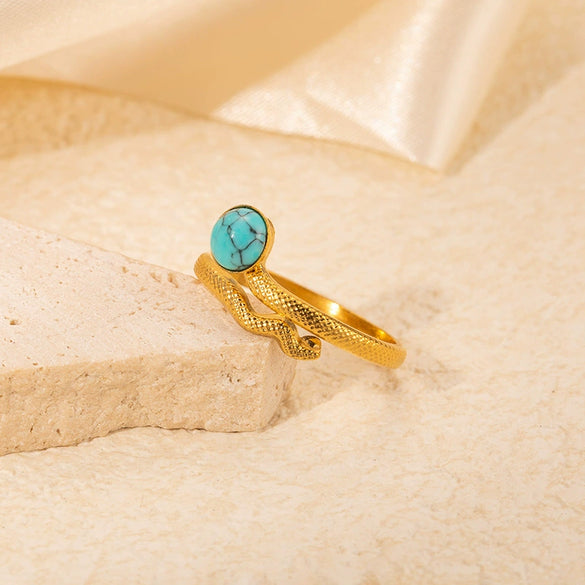 Wholesale Snakeshaped Titanium Steel Ring Inlaid With Color Natural Stone Electroplated Light Luxury For Ladies