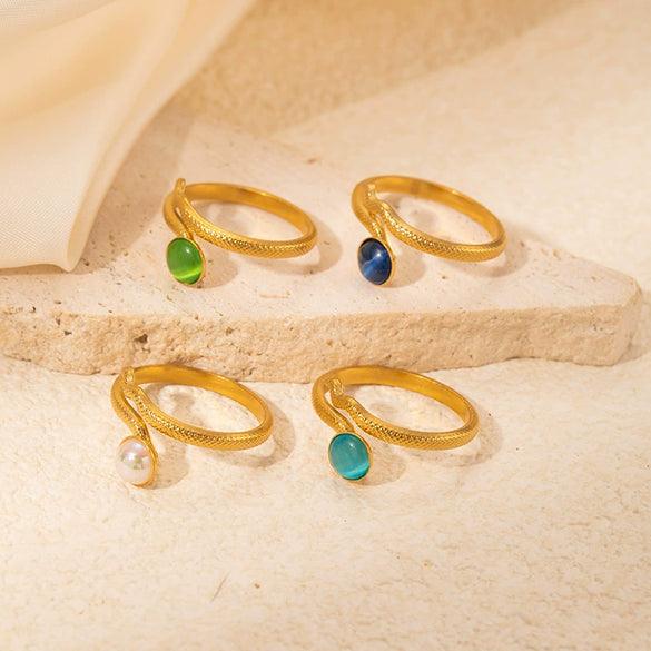 Wholesale Snakeshaped Titanium Steel Ring Inlaid With Color Natural Stone Electroplated Light Luxury For Ladies