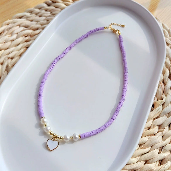 Wholesale Soft Pottery And Organic Glass Women's Bohemian Handmade Beaded Natural Love Pendant Necklace With Geometric Styling And Handwoven Treatment