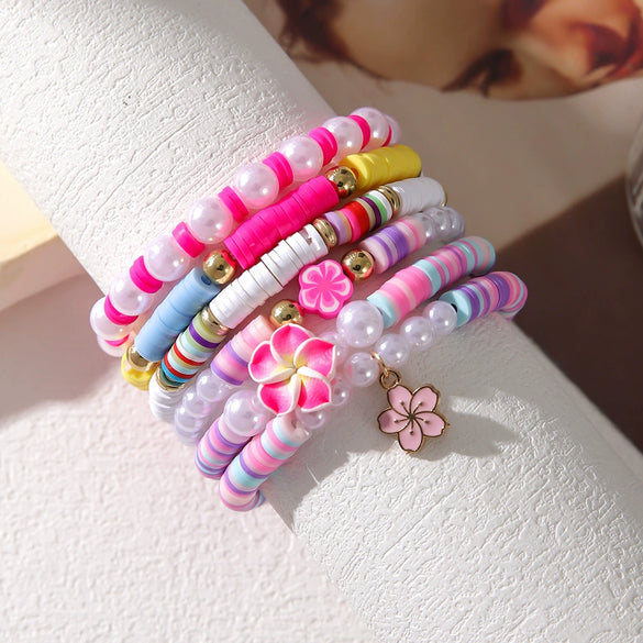 Wholesale Soft Pottery Flower Shell Elastic Bracelet For Women Electroplated Preppy Style