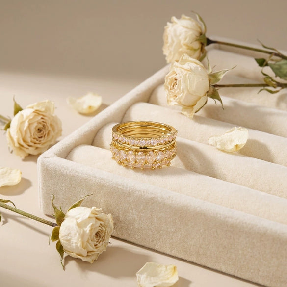 Wholesale Sparkling Gold Electroplated Copper Zircon Ring Set With Geometric Modern Minimalist Design For Women And Men