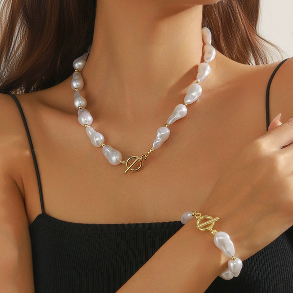 Wholesale Special Shaped Baroque Imitation Pearl Necklace And Bracelet Jewelry Set With Marine Life Pattern And Electroplating Process