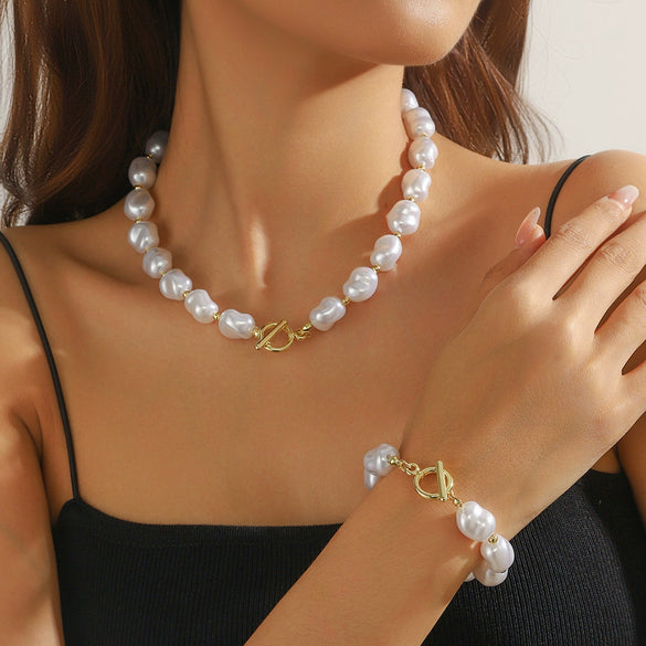 Wholesale Special Shaped Baroque Imitation Pearl Necklace And Bracelet Jewelry Set With Marine Life Pattern And Electroplating Process
