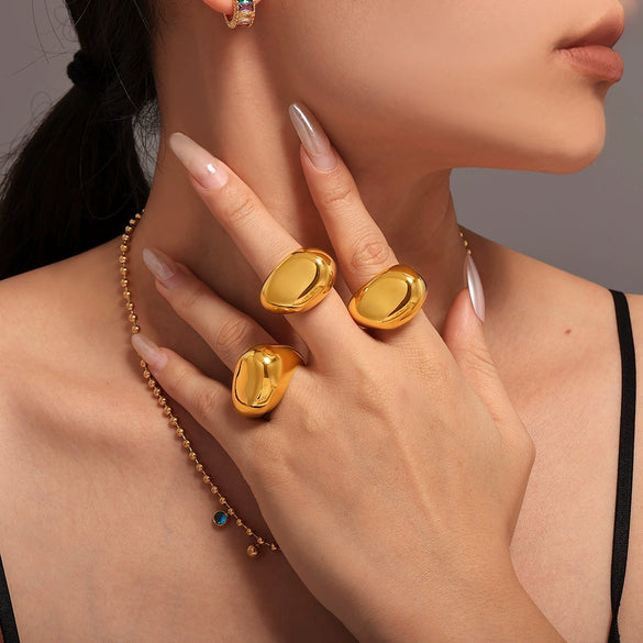 Wholesale Specialshaped Glazing Texturized Ring Stainless Steel Pvd Plated 18K True Gold Color Preservation Light Luxury Geometric Jewelry For Women