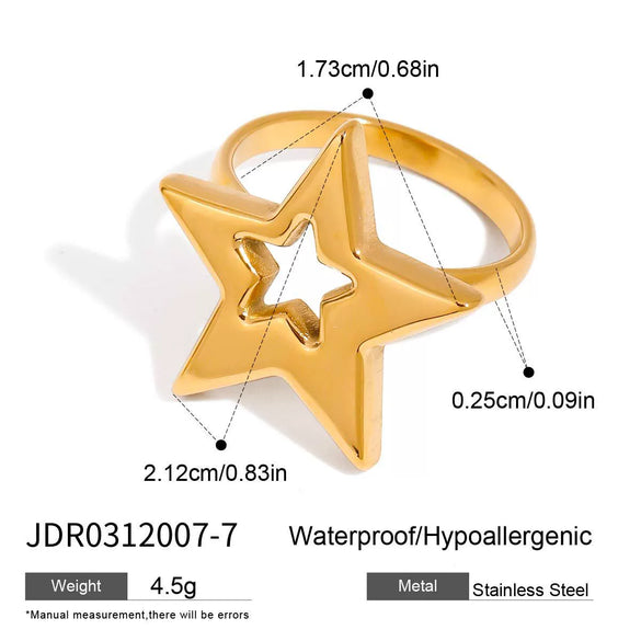 Wholesale Spiral Hollow Hammer Pattern Fivepointed Star Ring Stainless Steel 18K Gold Electroplated Trend Jewelry For Women