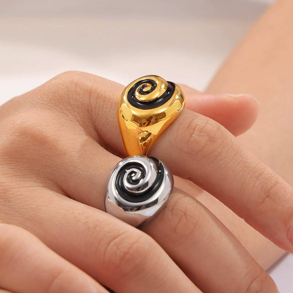 Wholesale Spiral Pattern Oil Drop 316L Stainless Steel 18K Gold Plated Finger Ring For Women Retro Simple Geometric Style