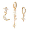 Wholesale Sports Style Asymmetric Star And Moon Zircon Earrings Threepiece Set Copper 14K Gold Ear Needle Electroplated