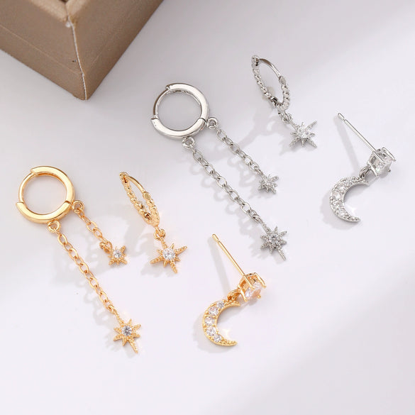 Wholesale Sports Style Asymmetric Star And Moon Zircon Earrings Threepiece Set Copper 14K Gold Ear Needle Electroplated