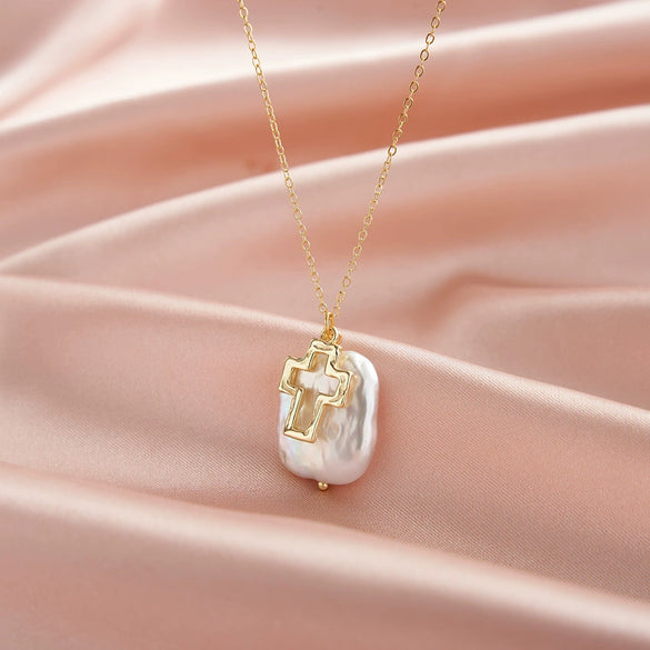 Wholesale Square Baroque Pearl Cut Out Cross Pendant S925 Sterling Silver Necklace For Women