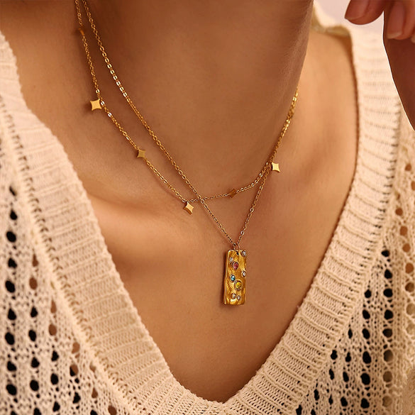 Wholesale Square Colorful Zircon Pendant Double Layer Necklace Light Luxury Style Stainless Steel Gold Plated Electroplated Jewelry