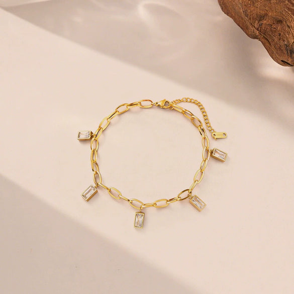 Wholesale Square Diamond Tassel 18K Gold Plated Titanium Steel Anklet For Women