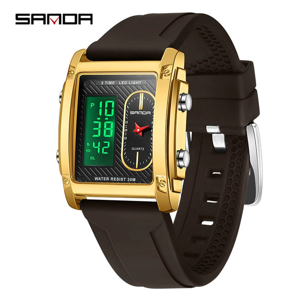Wholesale Square Multifunction Dual Display Electronic Watch For Men Light Luxury Style Silicone Band Waterproof Alloy Case Mineral Tempered Mirror