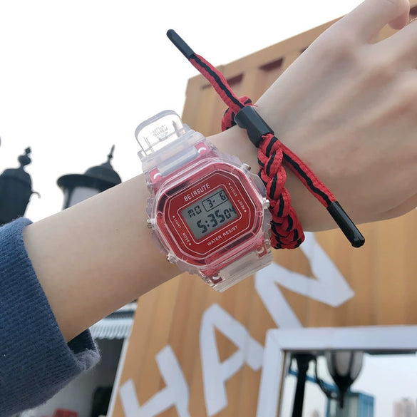 Wholesale Square Multifunctional Sports Electronic Watch For Women And Junior High School Students Plastic Mirror Silicone Strap Rubber Case Stainless Steel Clasp