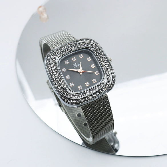 Wholesale Square Quartz Watch With Starry Diamond Mesh Strap Alloy Case Stainless Steel Strap Light Luxury Leisure Style