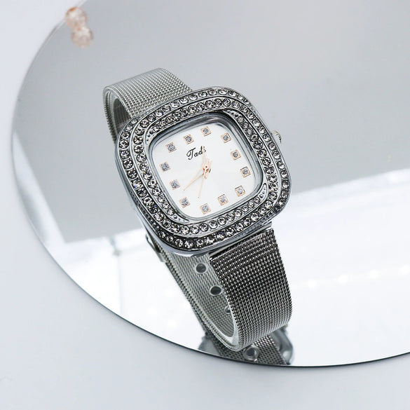 Wholesale Square Quartz Watch With Starry Diamond Mesh Strap Alloy Case Stainless Steel Strap Light Luxury Leisure Style
