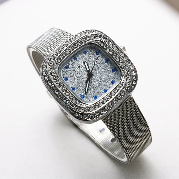 Wholesale Square Quartz Watch With Starry Diamond Mesh Strap Alloy Case Stainless Steel Strap Light Luxury Leisure Style