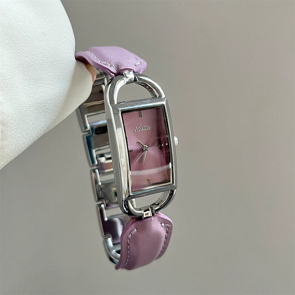 Wholesale Square Semibangle Bracelet Watch For Women Leather Inlaid With Super Fiber Strap And Alloy Case