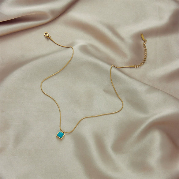 Wholesale Square Turquoise Pendant Necklace In Natural Turquoise And Titanium Steel With Electroplating Geometric Design For Unisex