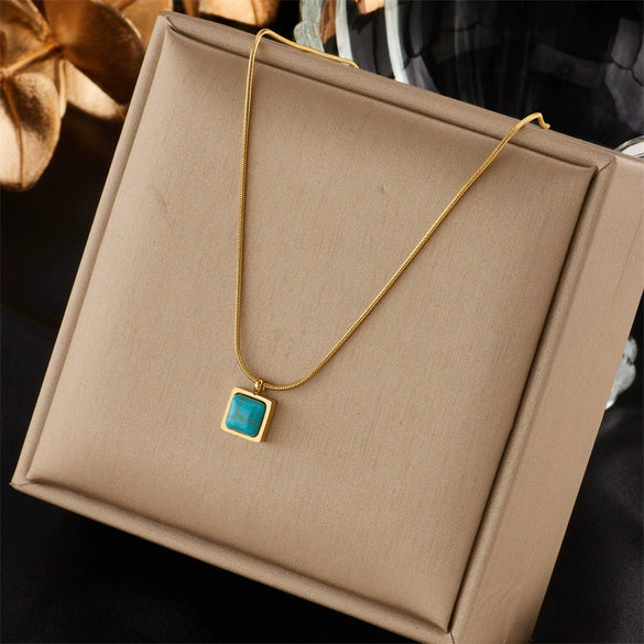 Wholesale Square Turquoise Pendant Necklace In Natural Turquoise And Titanium Steel With Electroplating Geometric Design For Unisex