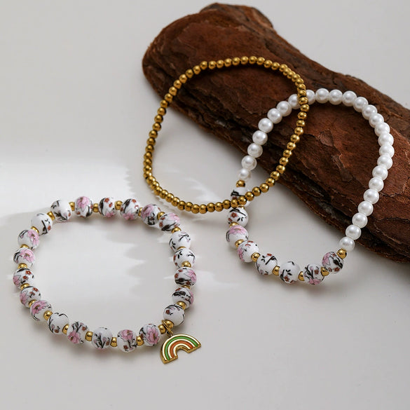 Wholesale Stackable Elastic Cord Bracelet With Floral Beads And Geometric Pendant For Women Stainless Steel Electroplated