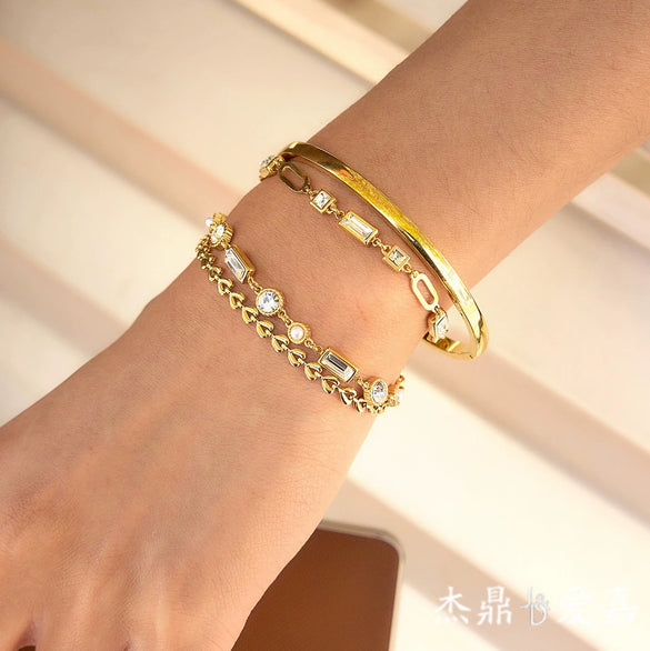 Wholesale Stackable Geometric Stainless Steel Rhinestone Electroplated Bracelet For Women