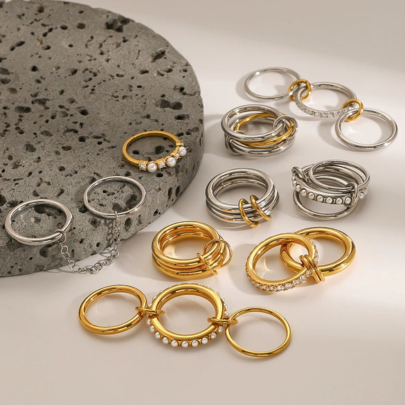Wholesale Stacked Pearl Stainless Steel Ring For Women With Geometric Design And Electroplating