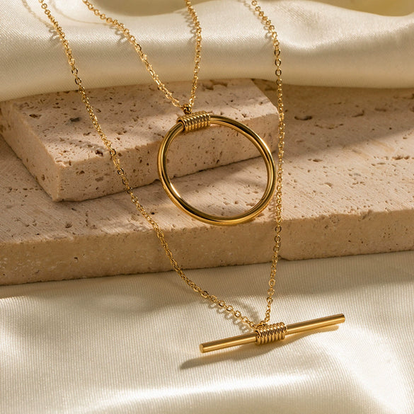 Wholesale Stacked Stainless Steel Necklace With 16K Gold Plated Double Round Long Stitching And Geometric Design For Women